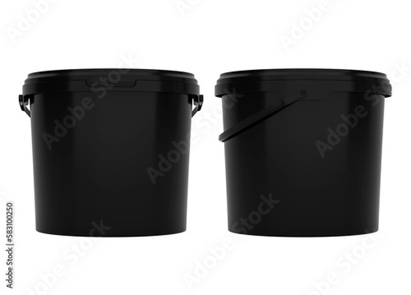 Fototapeta Front and side views of black, blank 5l plastic paint can / bucket / container with handle, with no label, image without background.	 
