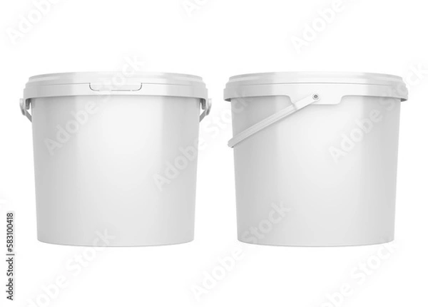 Fototapeta Front and side views of white, blank 5l plastic paint can / bucket / container with handle, with no label, image without background.	 
