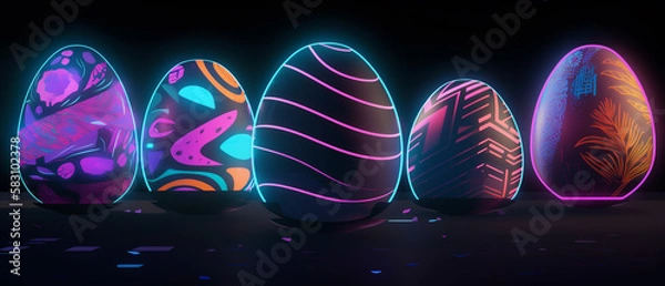 Fototapeta Futuristic Easter eggs with vibrant colors and patterns. Generative AI.