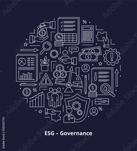 Fototapeta ESG Governance concepts, icons set. Icons placed in a circle. Vector illustration isolated on a dark background