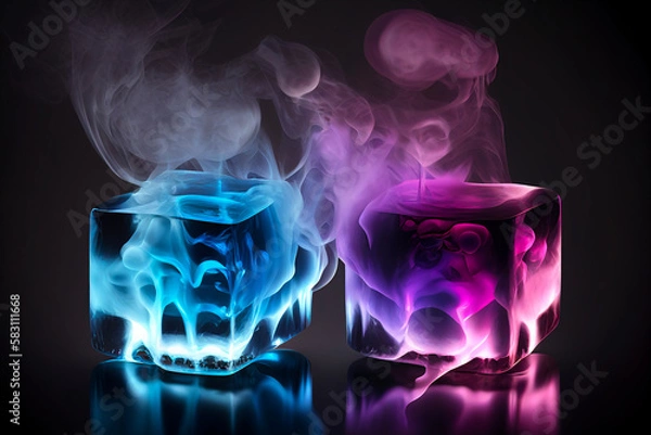 Fototapeta Ice cubes with blue, pink and purple smoke on a black background. Generative AI
