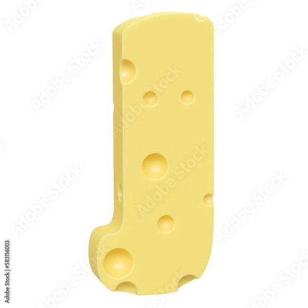 Fototapeta Cheese font J letter. Uppercase letter J. 3D render isolated on clean white background.