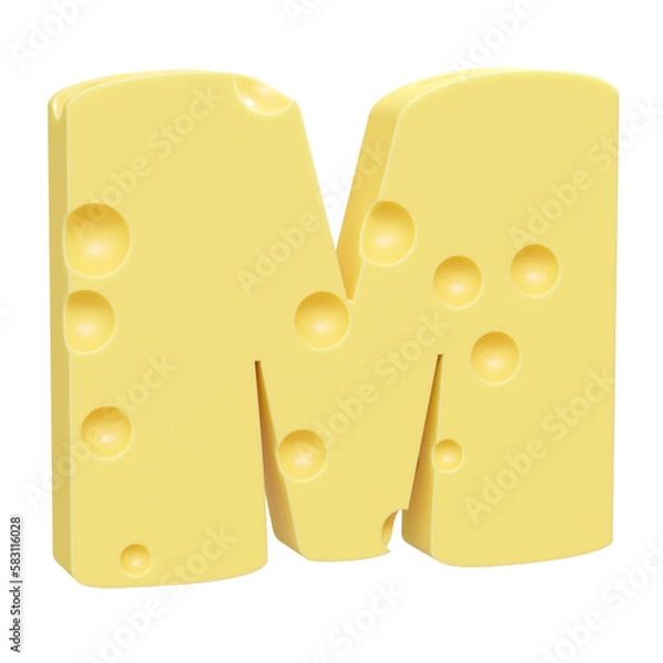 Fototapeta Cheese font M letter. Uppercase letter M. 3D render isolated on clean white background.