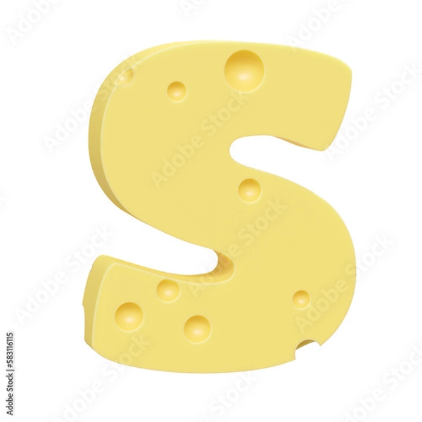 Fototapeta Cheese font S letter. Uppercase letter S. 3D render isolated on clean white background.