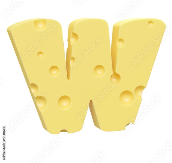 Fototapeta Cheese font W letter. Uppercase letter W. 3D render isolated on clean white background.