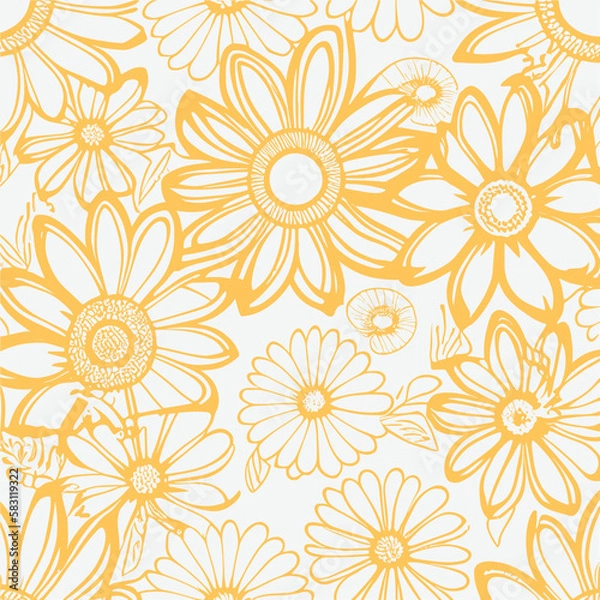 Fototapeta Groovy hippie 70s element in trendy flower and psychedelic style seamless vector pattern 