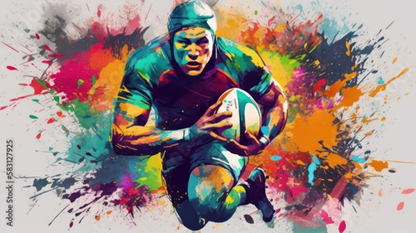 Fototapeta Abstract watercolor-style rugby player created with generative AI technology