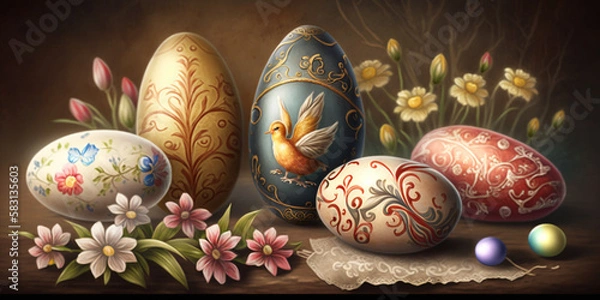 Obraz Traditional Easter Background with Hand-Painted Easter Elements – Professional