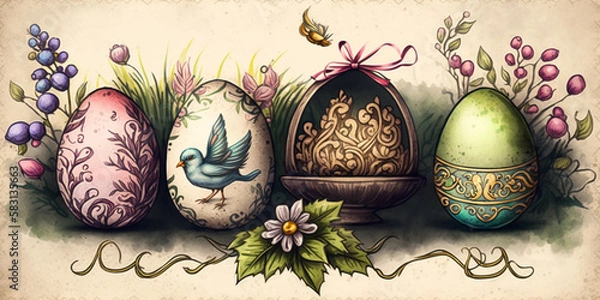 Obraz Traditional Easter Background with Hand-Painted Easter Elements – Professional