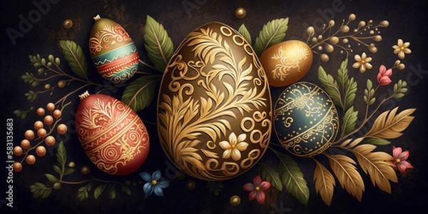 Obraz Traditional Easter Background with Hand-Painted Easter Elements – Professional