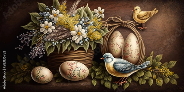 Obraz Traditional Easter Background with Hand-Painted Easter Elements – Professional
