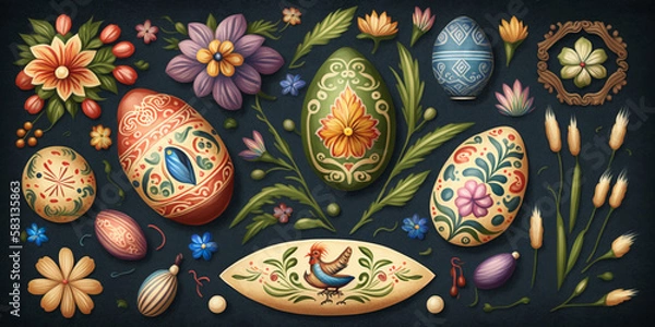 Obraz Traditional Easter Background with Hand-Painted Easter Elements – Professional