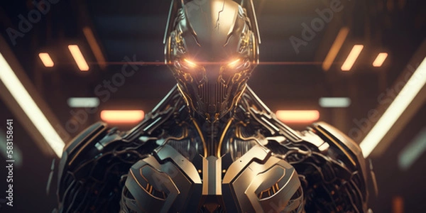 Obraz Metallic cyberpunk robot glowing eyes. Generative AI