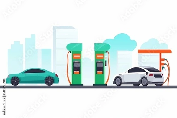 Fototapeta Electric vehicle charging stations for electric cars and charging stations for electric cars of gas station. Comparing electric versus gasoline station with Generative AI technology	