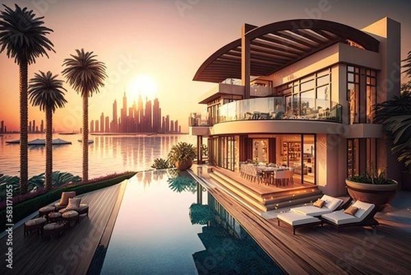 Fototapeta Luxury condo in dubai by the water with pool and garden, generative ai