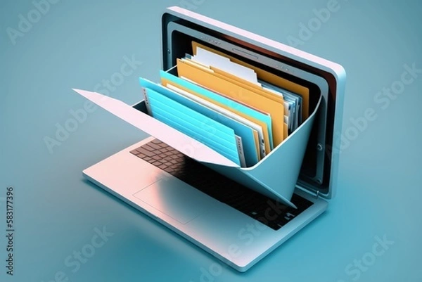 Obraz Laptop illustration with file drawer, data stores concept, blue background. Generative AI
