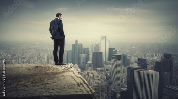 Fototapeta The businessman stands on the edge of the roof and looks at the city, the concept of success in business created with generative AI technology