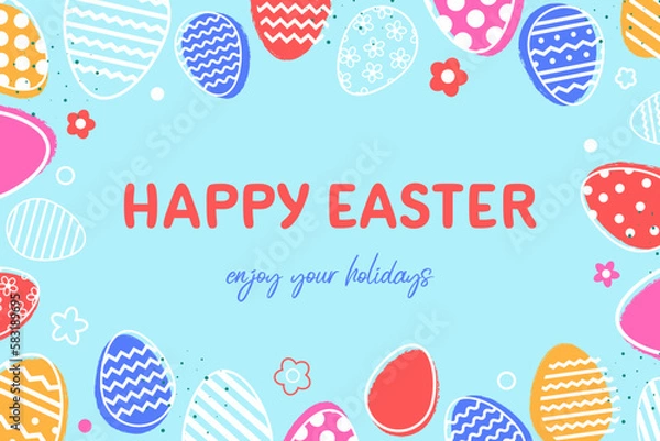 Fototapeta Easter greeting card with eggs and flowers. Minimal design with text. Vector illustration