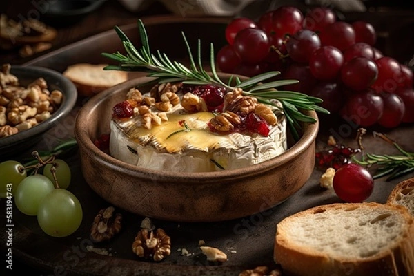 Fototapeta Baked camembert with roasted grapes, walnuts, rosemary and pink peppercorn crackers. Generative AI