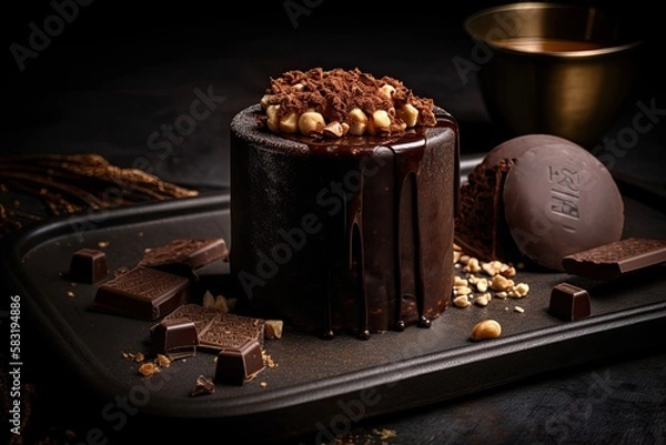 Fototapeta Dark chocolate cylinder with smoked hazelnut praline and salted milk ice cream. Generative AI