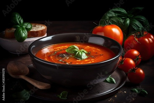 Obraz Spicy tomato soup with basil oil. Generative AI