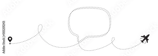 Fototapeta Airplane line path background. Air plane icon with flight route. Travel dash route line, trip flight path. Plane place location, airplane tracker. Dashed line with speech bubble. Vector