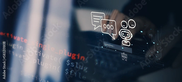 Fototapeta Software developer, prompt engineer, computer programmer coding on laptop using AI Chat, machine learning with JavaScript and command prompt bar on virtual screen, AI artificial Intelligence