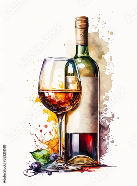 Obraz Bottle of wine and grapes. A painting of a bottle of wine and a glass of wine. Generative AI
