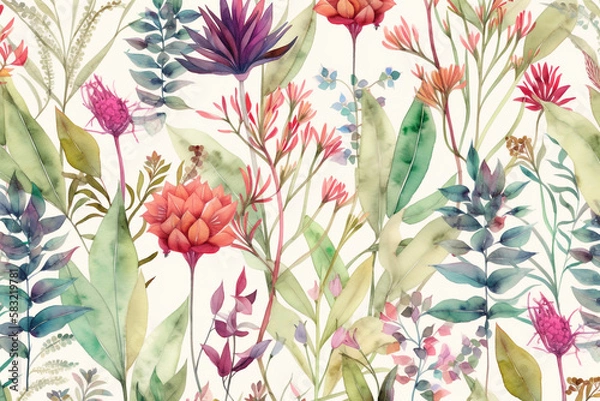 Fototapeta Botanical watercolor wallpaper pattern. generative ai	