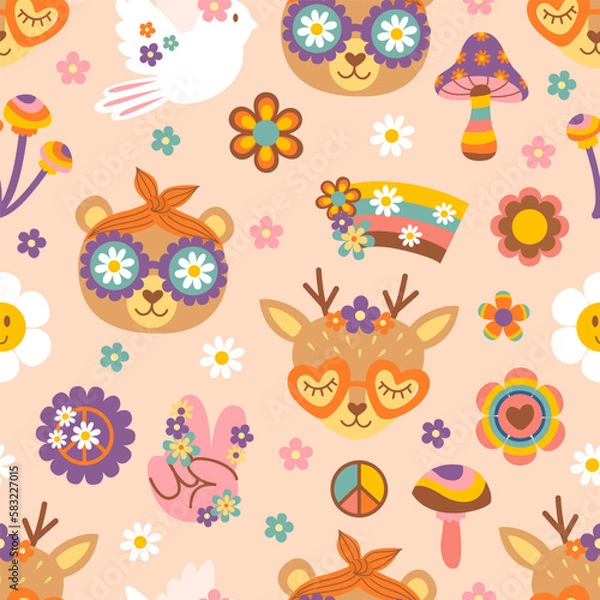 Fototapeta seamless pattern with retro funny animals and elements