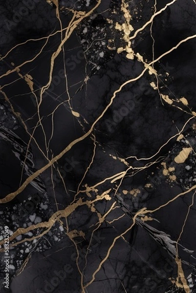 Fototapeta Marbre en pierre noire avec des paillettes d'or viens. Idéal comme fond d'écran.