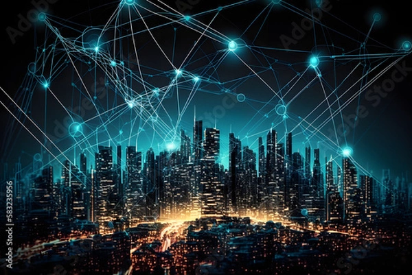Fototapeta city skyline at night with mindmapping plan technology comunication invesment webservice technology and smart buisiness sky travel at evening and night for investment