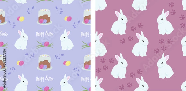 Fototapeta Easter animals characters pattern with bunny, cake and eggs