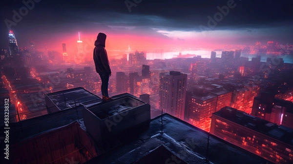 Fototapeta A mysterious silhouette wearing a hoodie standing on a rooftop looking out over a bright city skyline at night, generative ai