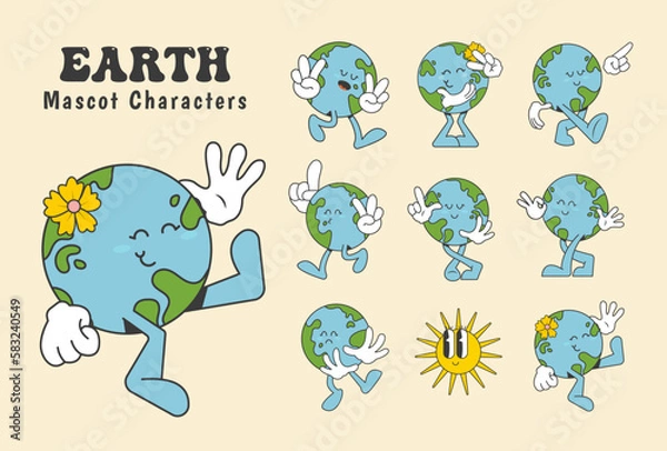 Obraz earth cartoon mascot characters in trendy retro style, vector illustration