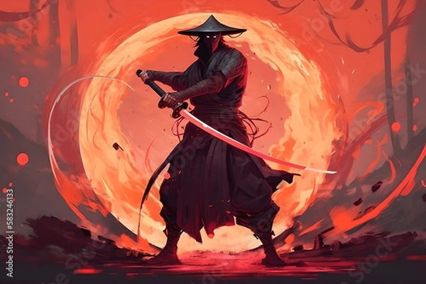 Obraz samuai with flames and red background (ai generated)