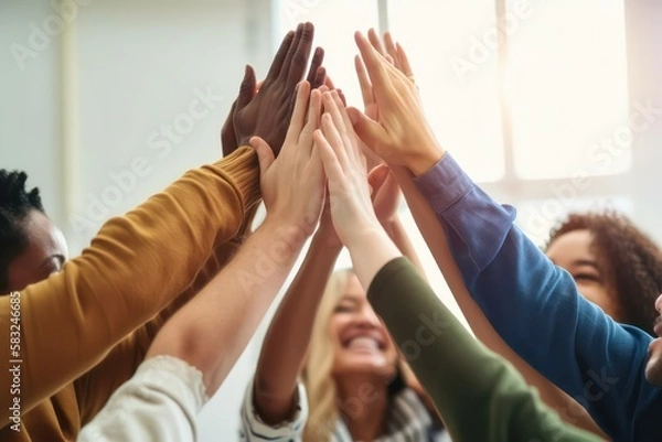Fototapeta Diverse group of businesspeople with hands coming together in unity, teamwork, and celebration, success in collaboration, generative ai