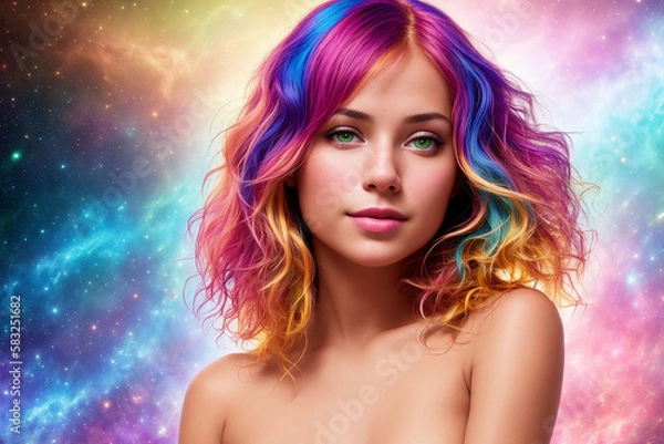 Fototapeta a beautiful woman with multi-colored hair looks at the camera against the backdrop of a colorful cosmic sky with stars and planets, Generative AI