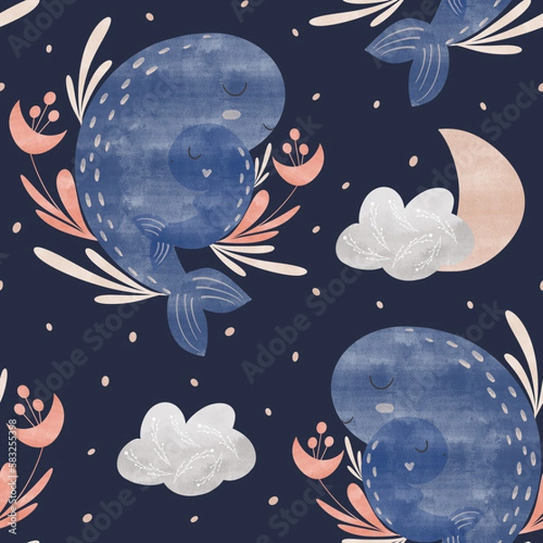 Fototapeta seamless pattern whale mother and baby, moon with clouds pattern for textiles