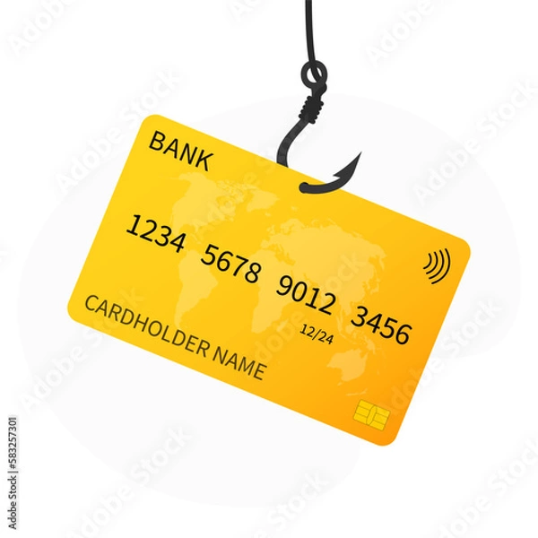 Obraz Cyber security phishing, bank card in a hook. Vector illustration.