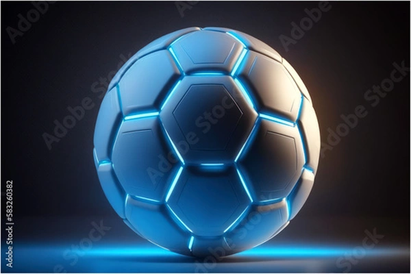 Fototapeta Soccer ball or football with futuristic blue glowing neon lights on a dark background with copy space in a conceptual image. illustration - Post-processed Generative AI