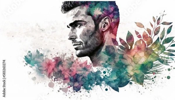 Fototapeta Man Surrounded by Blooming Flowers, isolated on white background - watercolor style illustration background by Generative Ai