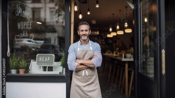Fototapeta Entrepreneurial spirit: Small business owner stands confidently at cafe entrance. Generative AI.