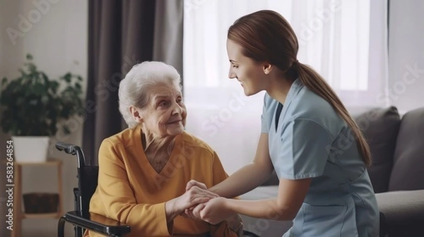 Obraz Senior Support System: A Caregiver Helps a Woman at Home. Generative AI.