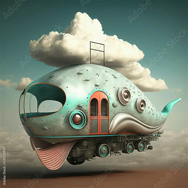 Obraz Pojazd mechaniczny, ilustracja wykonania surrealistycznego pojazdu, u różnych ryb. Generatywna sztuczna inteligencja