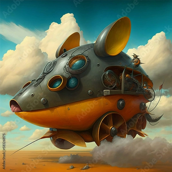 Obraz Pojazd mechaniczny, ilustracja surrealistycznego pojazdu w kształcie myszy. Generatywny AI