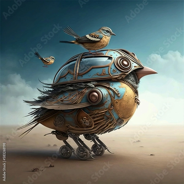 Obraz Mechaniczny wróbel, ilustracja surrealistycznego ptaka o strukturze mechanicznej. Generatywny AI