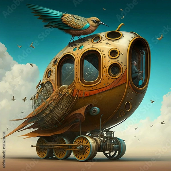 Obraz A mechanical vehicle, an illustration of a surreal bird with a mechanical structure. Generative AI