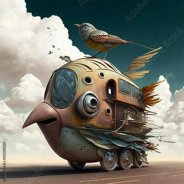 Fototapeta Pojazd mechaniczny, ilustracja surrealistycznego ptaka o strukturze mechanicznej. Generatywny AI