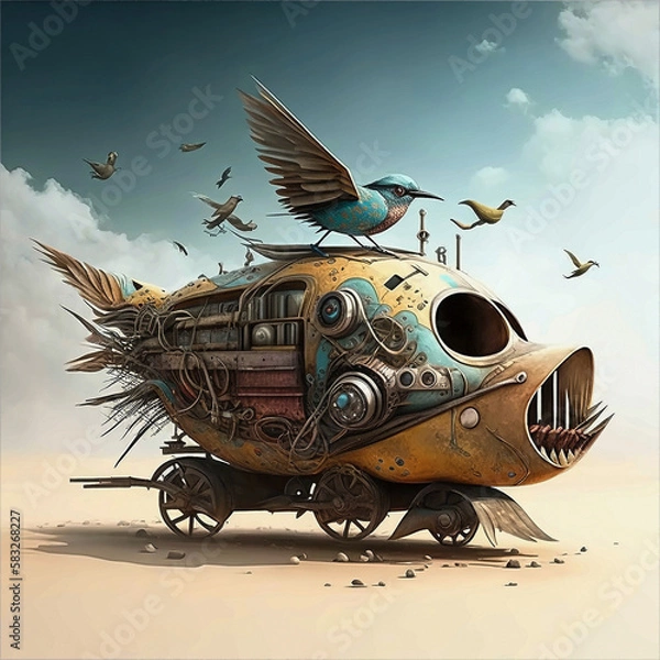Obraz A mechanical vehicle, an illustration of a surreal bird with a mechanical structure. Generative AI